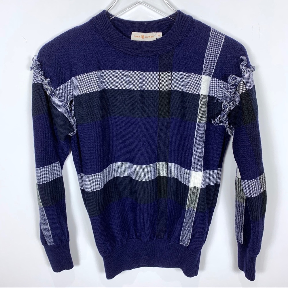 Tory Burch Gwen Plaid fringe wool sweater